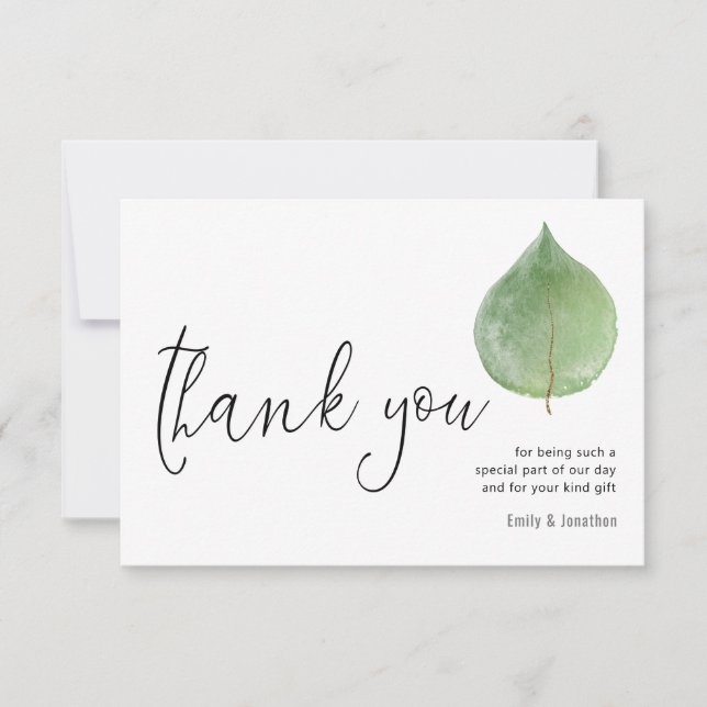 Minimalist Single Eucalyptus Leaf Script Photo Thank You Card (Front)
