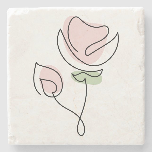 Minimalist Single Line Art Flower Stone Coaster (Front)