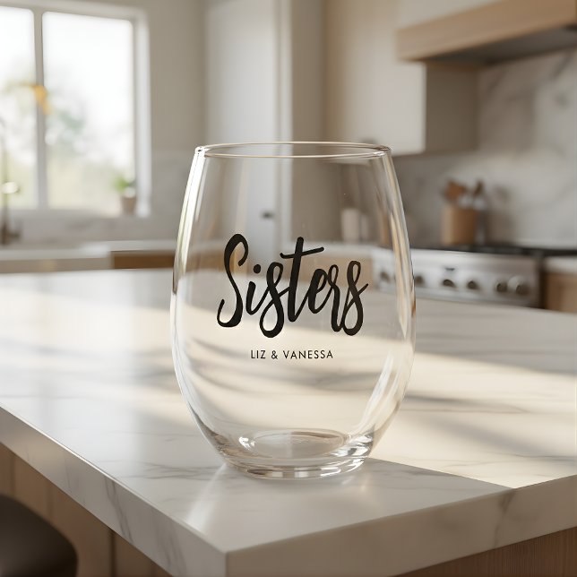Minimalist 'Sisters' Script Lettering Custom Names Stemless Wine Glass (Creator Uploaded)