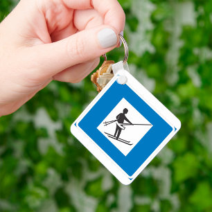 Minimalist Ski Lift Symbol With Blue Border Key Ring