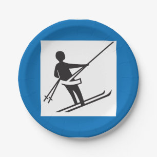 Minimalist Ski Lift Symbol With Blue Border Paper Plate