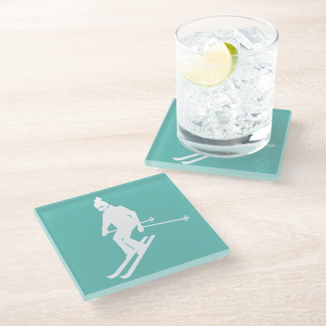 Minimalist Skier Winter Teal White    Glass Coaster (Angled)
