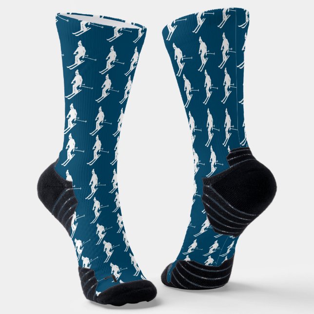 Minimalist Skiers Winter Pattern Navy Blue Socks (Angled)