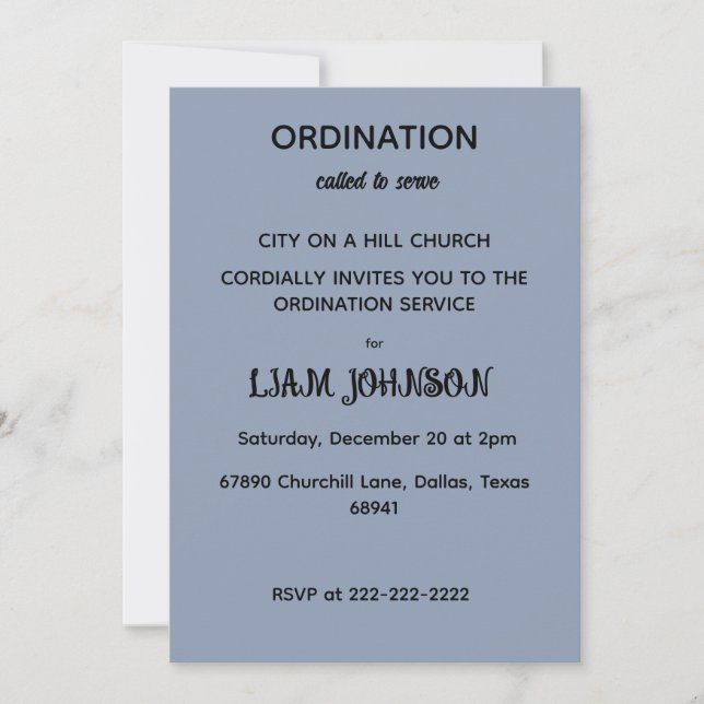 Minimalist Slate Blue Ordination Invitation (Front)