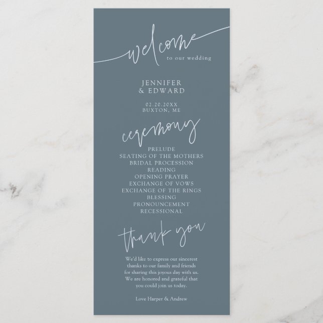 Minimalist Slate Blue Wedding Ceremony Program Programme (Front)