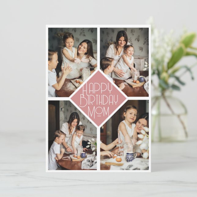 Minimalist Slate Pink Multi Photo Birthday Mom Holiday Card (Standing Front)