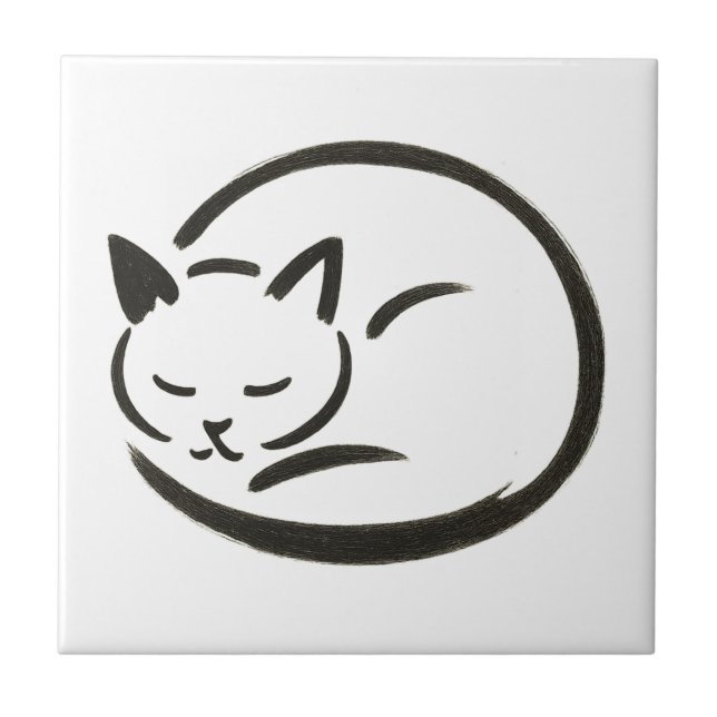 Minimalist Sleeping Cat – Ink Brush Design on Tile (Front)