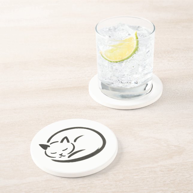 Minimalist Sleeping Cat – Ink Design on Coaster (Side)