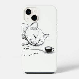 Minimalist Sleeping Cat Line Art & Heart Latte - C iPhone 14 Case