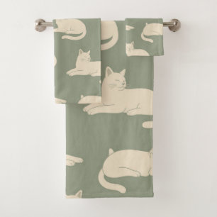 Minimalist Sleepy Cream Cats Pattern Summer Bath Towel Set