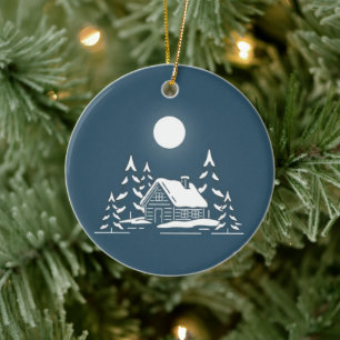 Minimalist Snow Cabin Moonlight Winter Scene Decor Ceramic Tree Decoration