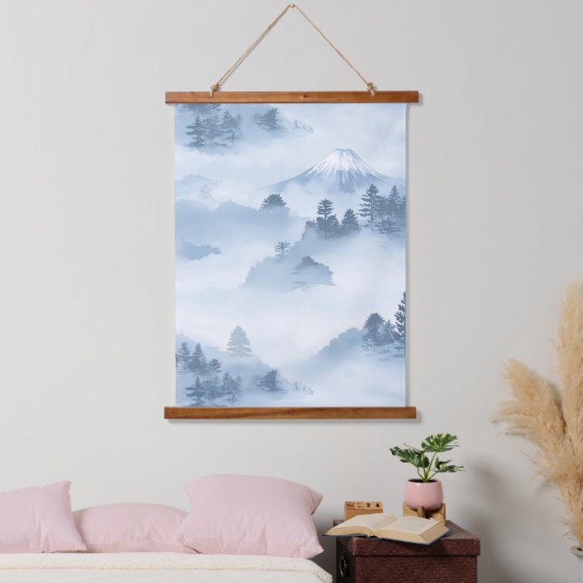 Minimalist Snow-Covered Mountains Blue White Hanging Tapestry (Bedroom)