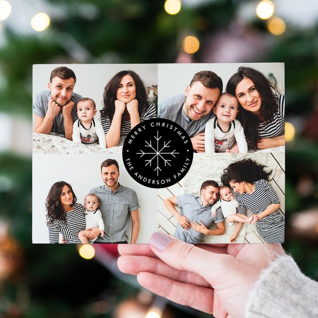 Minimalist Snowflake Black 4 Photo Collage Holiday Card (Creator Uploaded)
