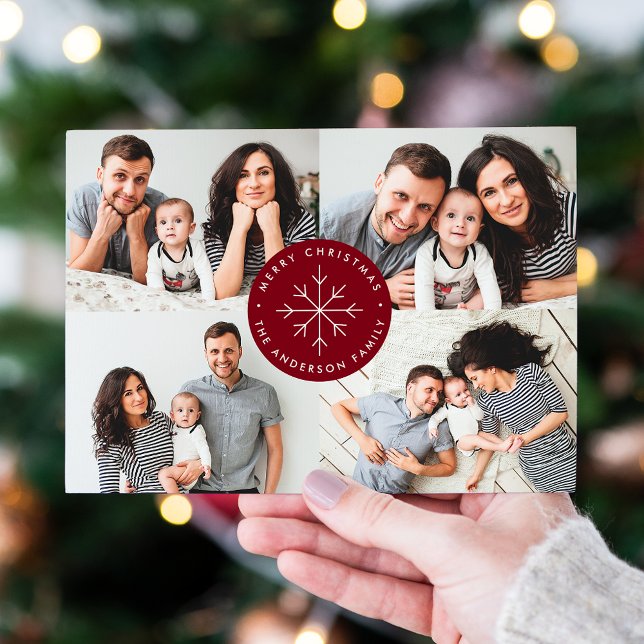 Minimalist Snowflake Burgundy 4 Photo Collage Holiday Card (Creator Uploaded)