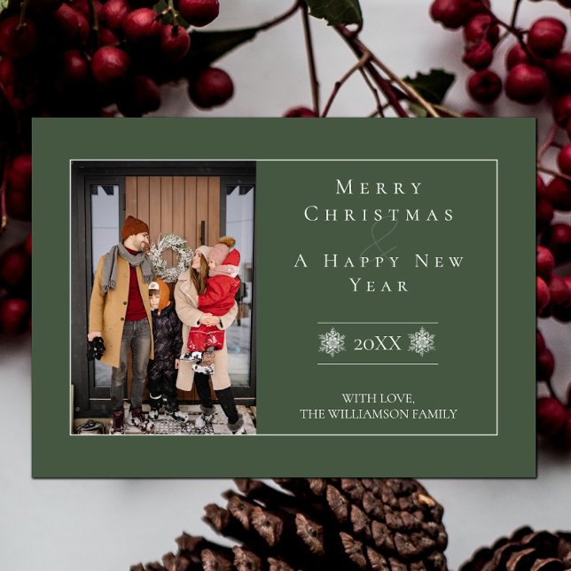 Minimalist Snowflake Christmas | Green Photo Card (Green Minimalist Snowflake Christmas Photo Card)
