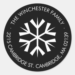 Minimalist snowflake holiday return address black classic round sticker