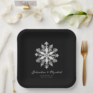Minimalist Snowflake Wedding   Black Paper Plate
