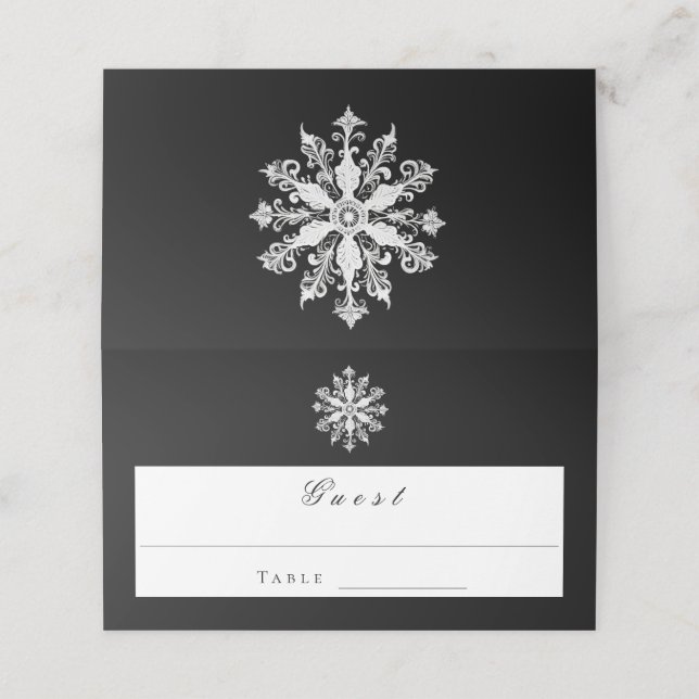 Minimalist Snowflake Wedding | Black Place Card (Outside Unfolded)