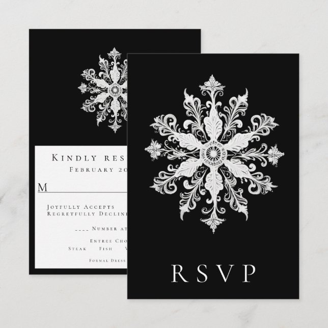 Minimalist Snowflake Wedding | Black RSVP Card (Front/Back)