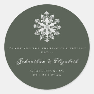 Minimalist Snowflake Wedding   Green Favour Classic Round Sticker
