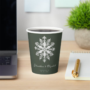 Minimalist Snowflake Wedding Green Paper Cups