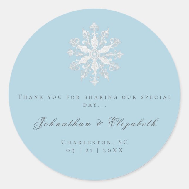 Minimalist Snowflake Wedding | Ice Blue Favour Classic Round Sticker (Front)