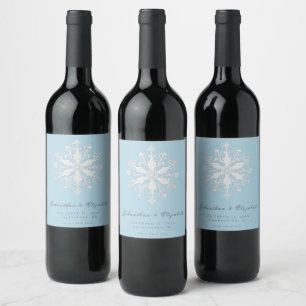 Minimalist Snowflake Wedding Ice Blue Wine Label