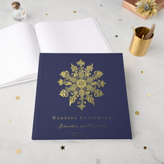 Minimalist Snowflake Wedding | Navy Blue Guest Book (Front Open)