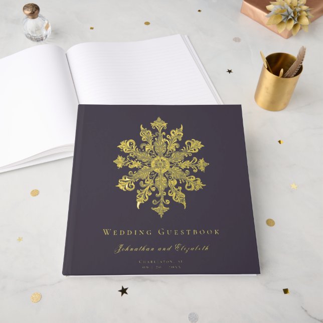 Minimalist Snowflake Wedding | Plum Purple Guest Book (Front Open)