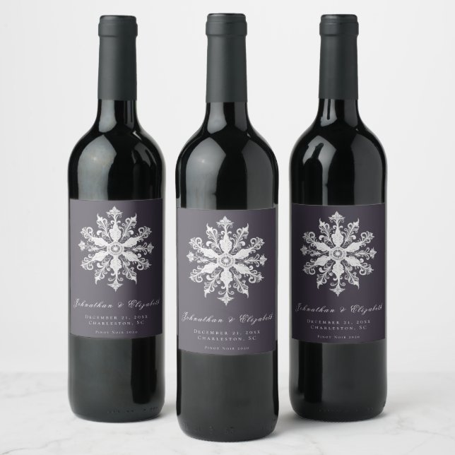 Minimalist Snowflake Wedding | Plum Purple Wine Label (Bottles)