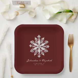 Minimalist Snowflake Wedding Red Paper Plate