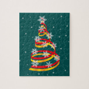Minimalist Snowflakes Ribbon Christmas Tree Jigsaw Puzzle