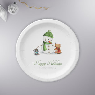 Minimalist Snowman Bear and Dog Christmas Family Paper Plate