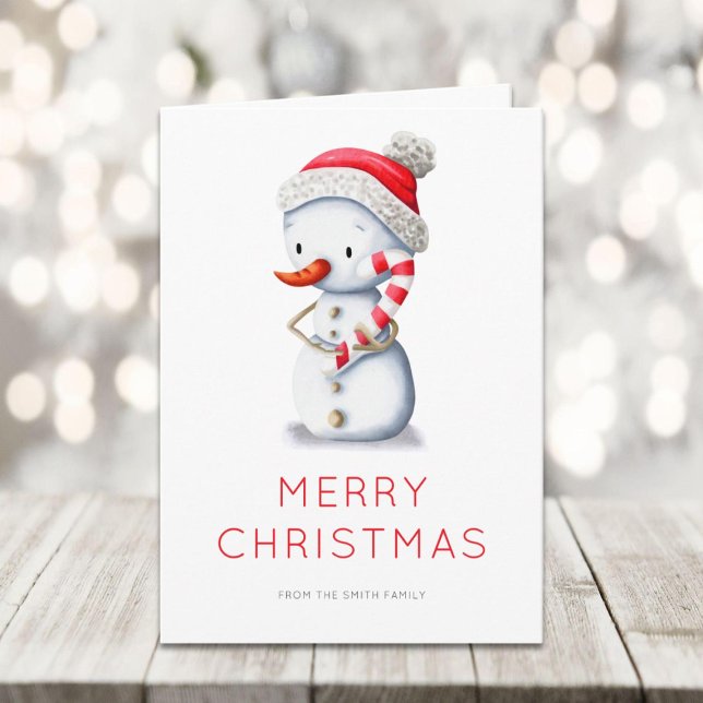 Minimalist Snowman Candy Cane Merry Christmas Holiday Card (Creator Uploaded)