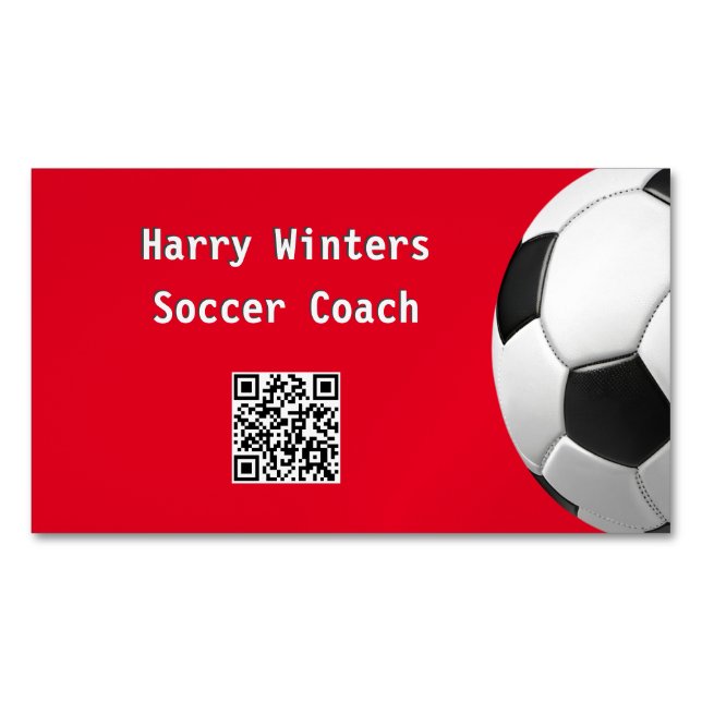 Minimalist Soccer Ball Red QR Code Football Coach Magnetic Business Card (Front)
