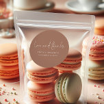 Minimalist Soft Brown Love Thanks Names Wedding Classic Round Sticker<br><div class="desc">Minimalist Soft Brown Love and Thanks Names Wedding. Simple modern elegance,  with Love and Thanks is in a set informal handwritten style. Easily personalise your names and wedding date. On a warm mocha shade background which can be changed to another colour if you prefer via the edit further option.</div>