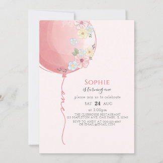 Minimalist Soft Pink Balloon Baby's 1st Birthday Invitation
