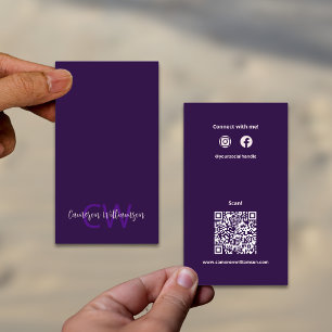 Minimalist Solid Deep Purple QR Code Social Business Card
