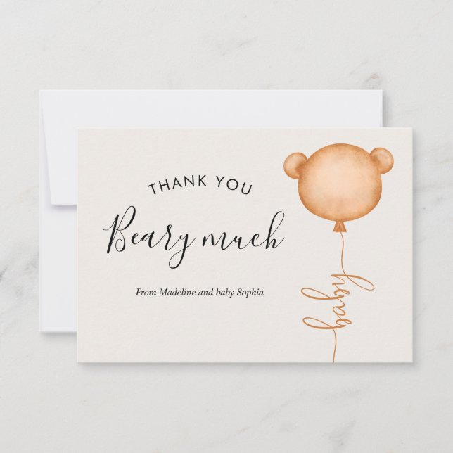 Minimalist Someone Beary Cute Balloon Baby Shower Thank You Card (Front)