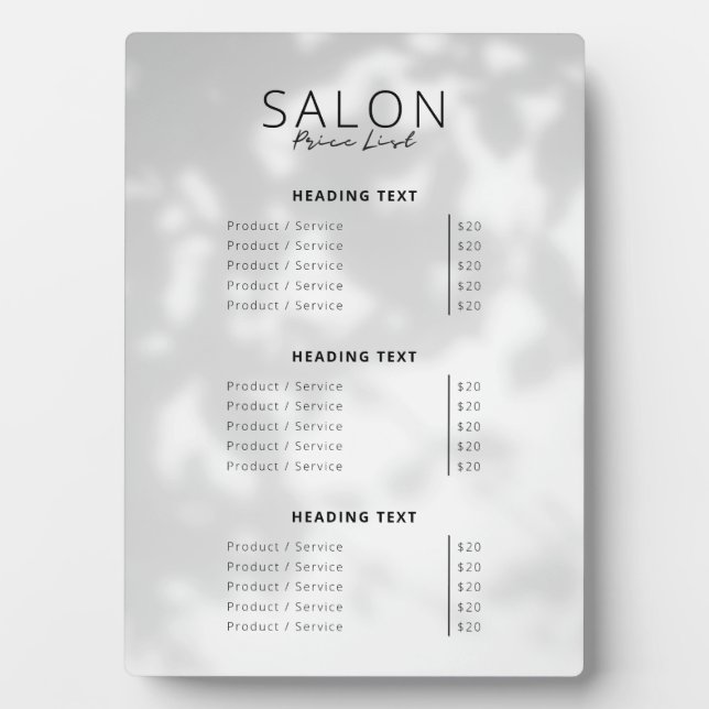Minimalist Spa & Hair Salon Services Price List Plaque (Front)