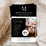 Minimalist Spa Salon Services Business Marketing Flyer<br><div class="desc">Minimalist business marketing flyer with space for your monogram or logo, services, contact details and a custom photo. This professional beauty salon or spa marketing leaflet features a modern black and white design and a discount offer badge to attract new customers. An easy way to advertise your services and special...</div>