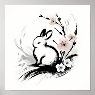 Minimalist Spring Zen Rabbit Cherry Blossoms Poster