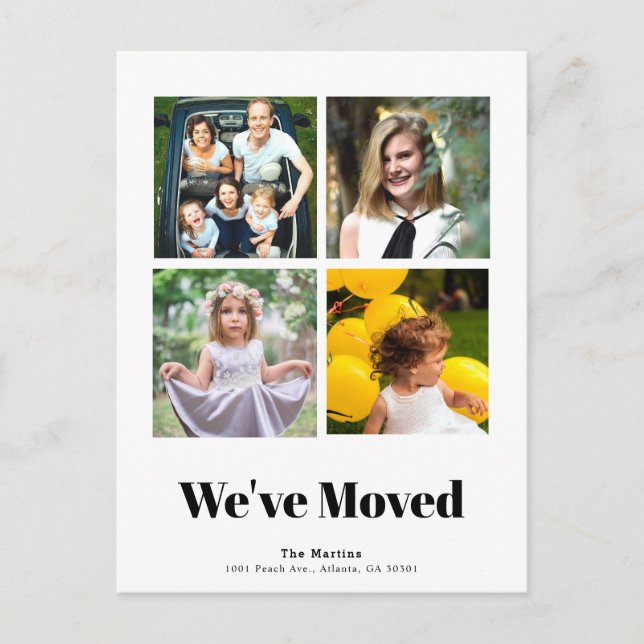 Minimalist Square 4 Photo Collage White Moving Announcement Postcard (Front)