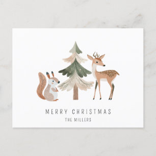 Minimalist Squirrel Deer Pine Tree Merry Christmas Holiday Postcard
