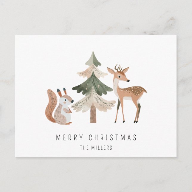 Minimalist Squirrel Deer Pine Tree Merry Christmas Holiday Postcard (Front)
