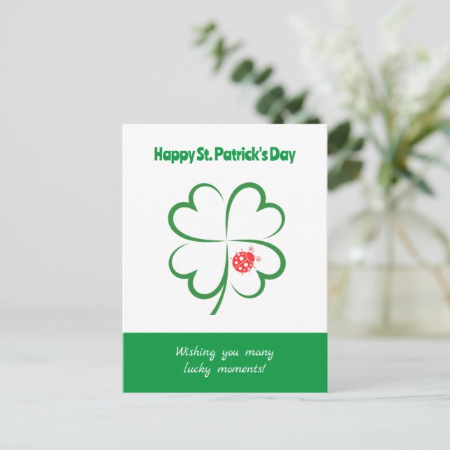 Minimalist St Patricks Day, 4 Leaf Clover, Ladybug Holiday Postcard (Standing Front)