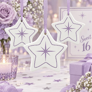 Minimalist Star and Border Violet on White ID1333 Ceramic Tree Decoration