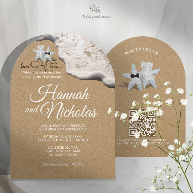 Minimalist Starfish Beach Arch Wedding Invitation  (Elegant arched wedding invitation styled with veil and baby’s breath accents.)