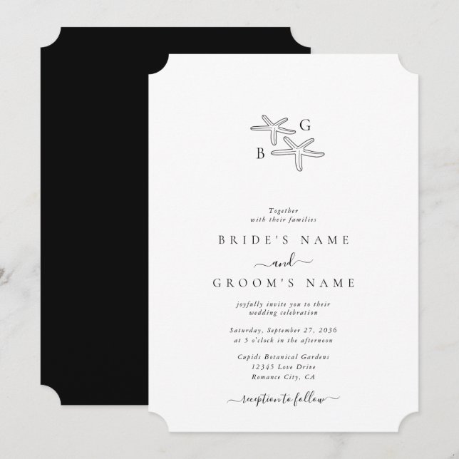 Minimalist Starfish Beach Monogram Wedding Invitation (Front/Back)