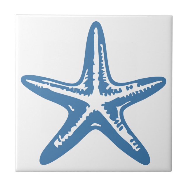 Minimalist Starfish Line Art Blue Outline Coastal Tile (Front)